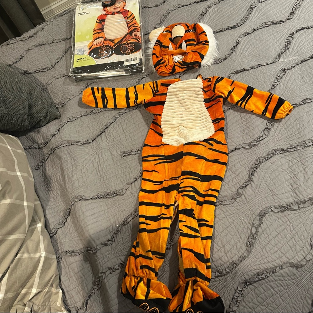 Orange Tiger Plush Jumpsuit Costume with Hood - Kids